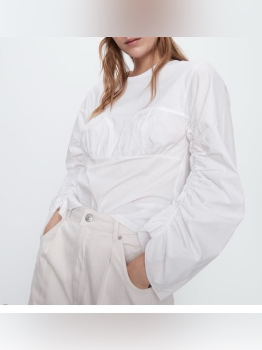 Zara White Long-Sleeve Ruched Detail Top size L
